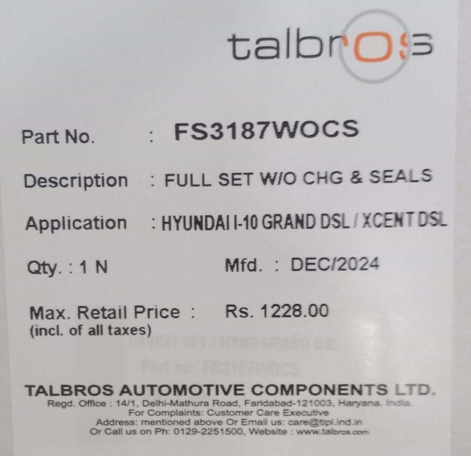 (TALBROS) FULL GASKET SET W/O CHG & SEALS HYUNDAI /I-10 GRAND DSL/XCENT DSL - Image 2