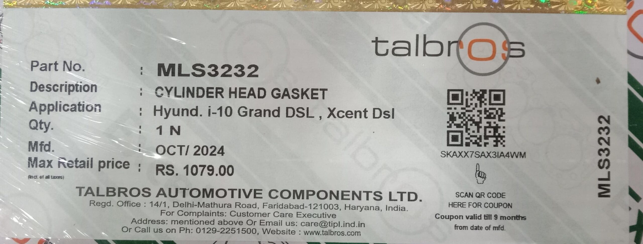 (TALBROS) CYLINDER HEAD GASKET (HYUNDAI/ I-10 GARND DSL/XCENT DSL) - Image 2