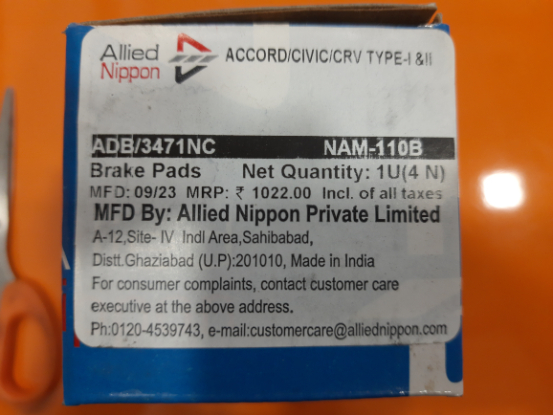 MFC BrakePads(Honda Accord /Civic/Crv Type-1/2-Rear) - Image 3