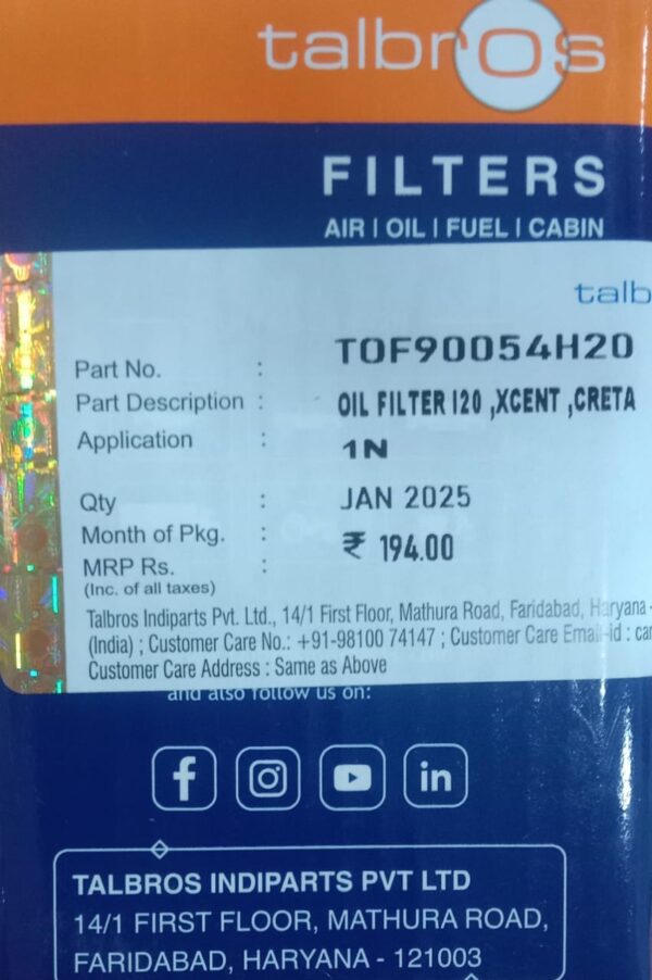 (TALBROS) OIL FILTER  I-20 /XCENT /CRETA (REF:0176) - Image 3