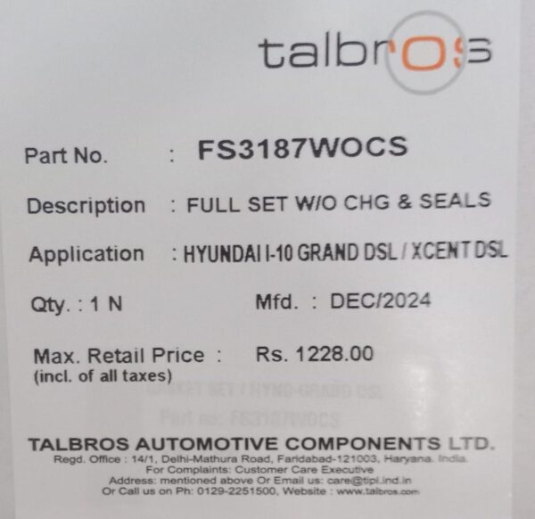 (TALBROS) FULL GASKET SET W/O CHG & SEALS HYUNDAI /I-10 GRAND DSL/XCENT DSL - Image 2
