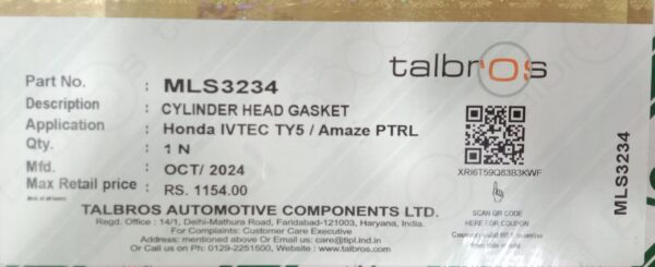 (TALBROS) CYLINDER HEAD GASKET (HONDA IVTEC TY5 / AMAZE) - Image 2