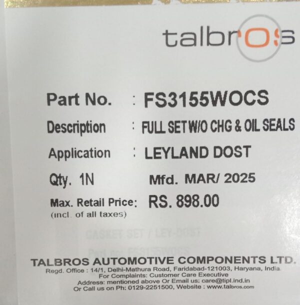 (TALBROS) FULL GASKET SET W/O CHG & OIL SEALS (LEYLAND DOST ) - Image 2