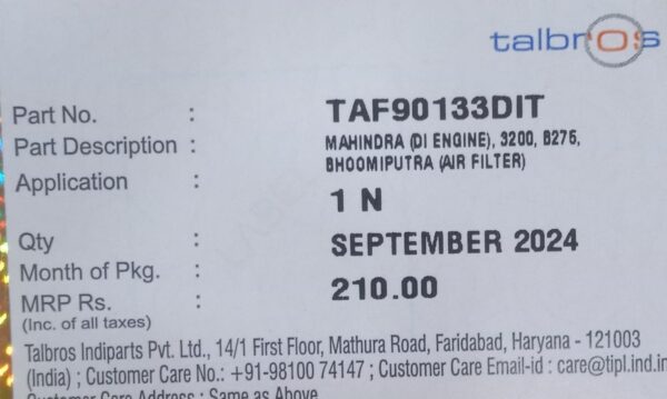 TALBROS (AIR FILTER ) MAHINDRA (DI ENGINE) 3200,B275,BHOOMIPUTRA - Image 4