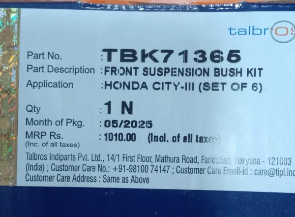 (TALBROS) FRONT SUSPENSION BUSH KIT (HONDA CITY -3)(SET OF 6) - Image 3